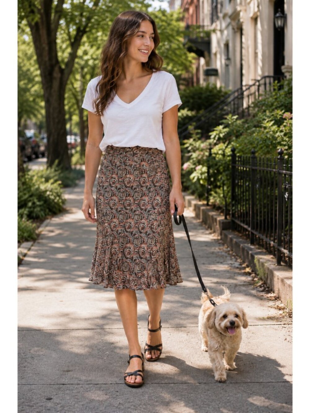 Boho Summer Brown Patterned Summer Skirt, Size 16, Elastic Waist, Lined